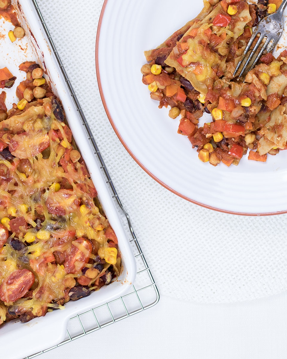 Mexicaanse lasagne met kikkererwten en kidneybonen