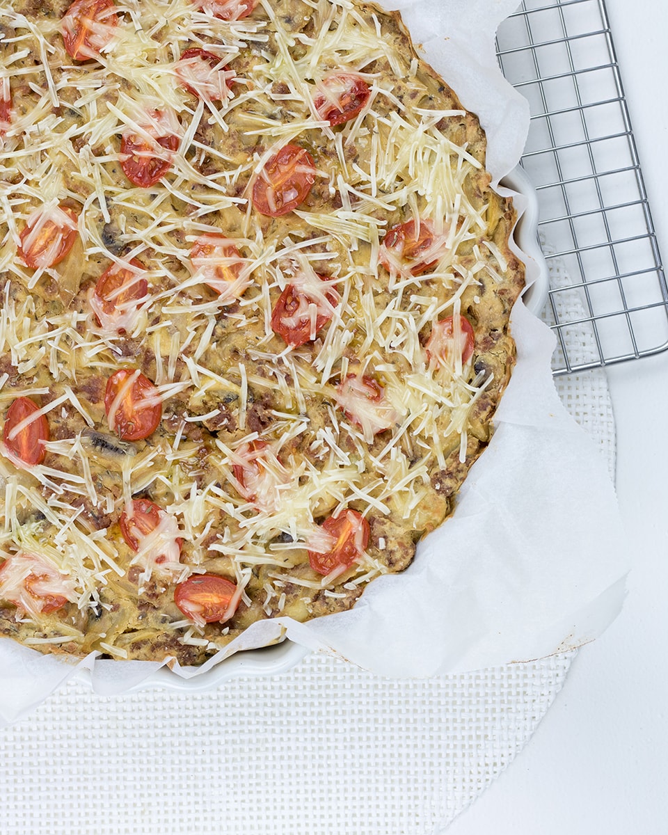 Quiche zonder ei met plantaardig Naturli gehakt en champignons