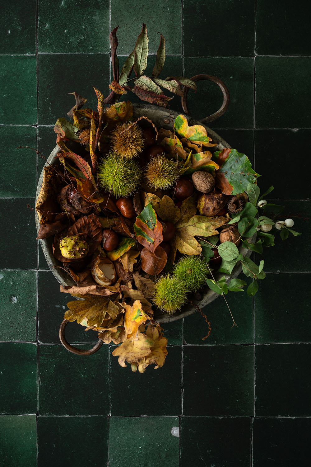 Tegel fotoachtergrond ‘forest tiles’ met groene kleur voor moody kerst en winter foto’s