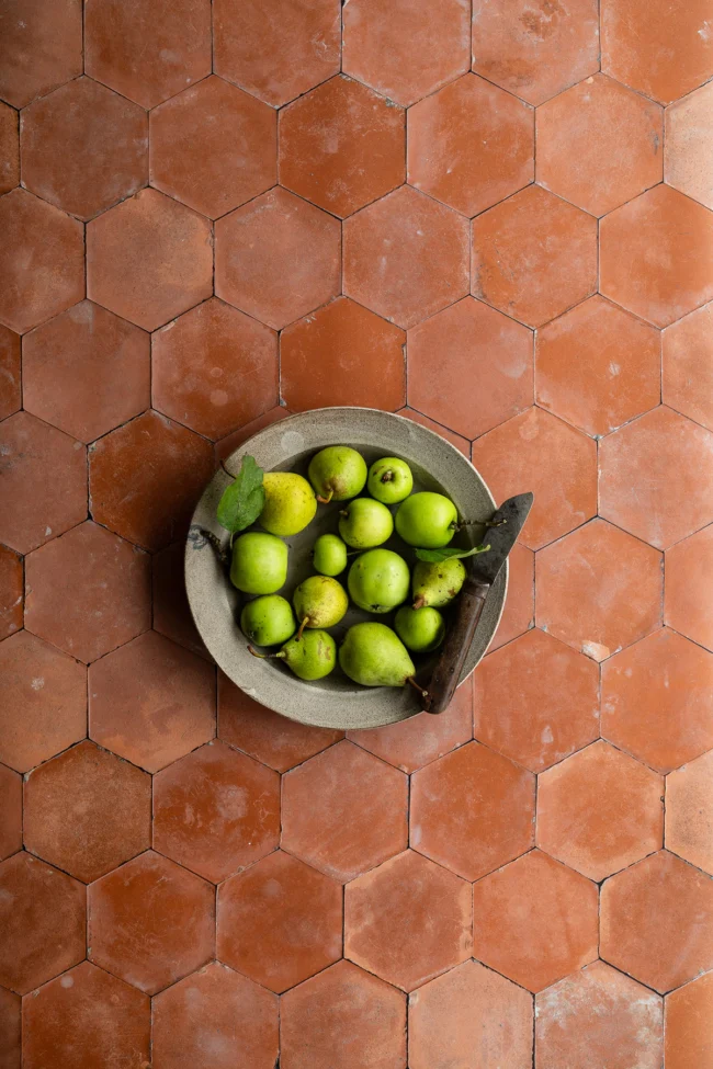 Terracotta hexagon vinyl backdrop voor fotografie